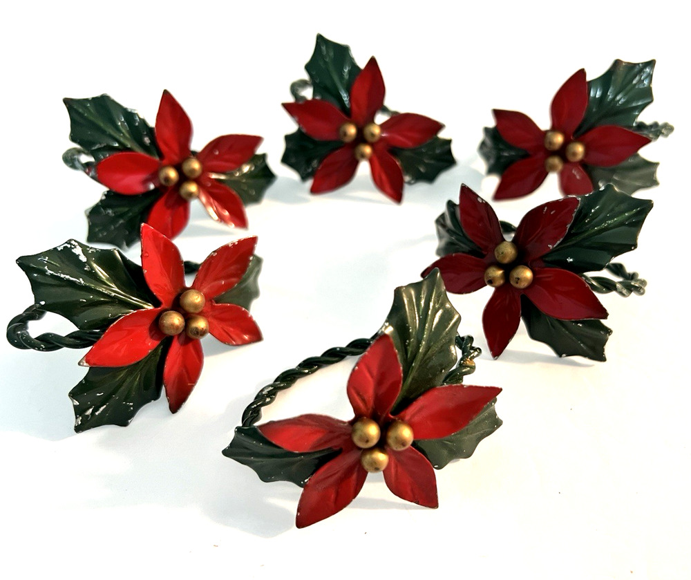 Vintage Christmas Pointsettias Napkin Rings Metal Art Enameled Braided Set of 6